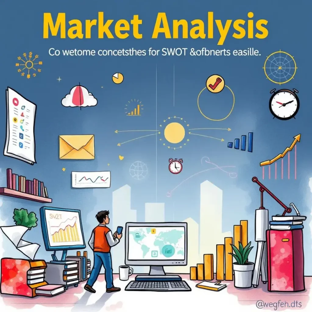 Market Analysis illustration showing a professional utilizing the SWOT Insight Builder tool.