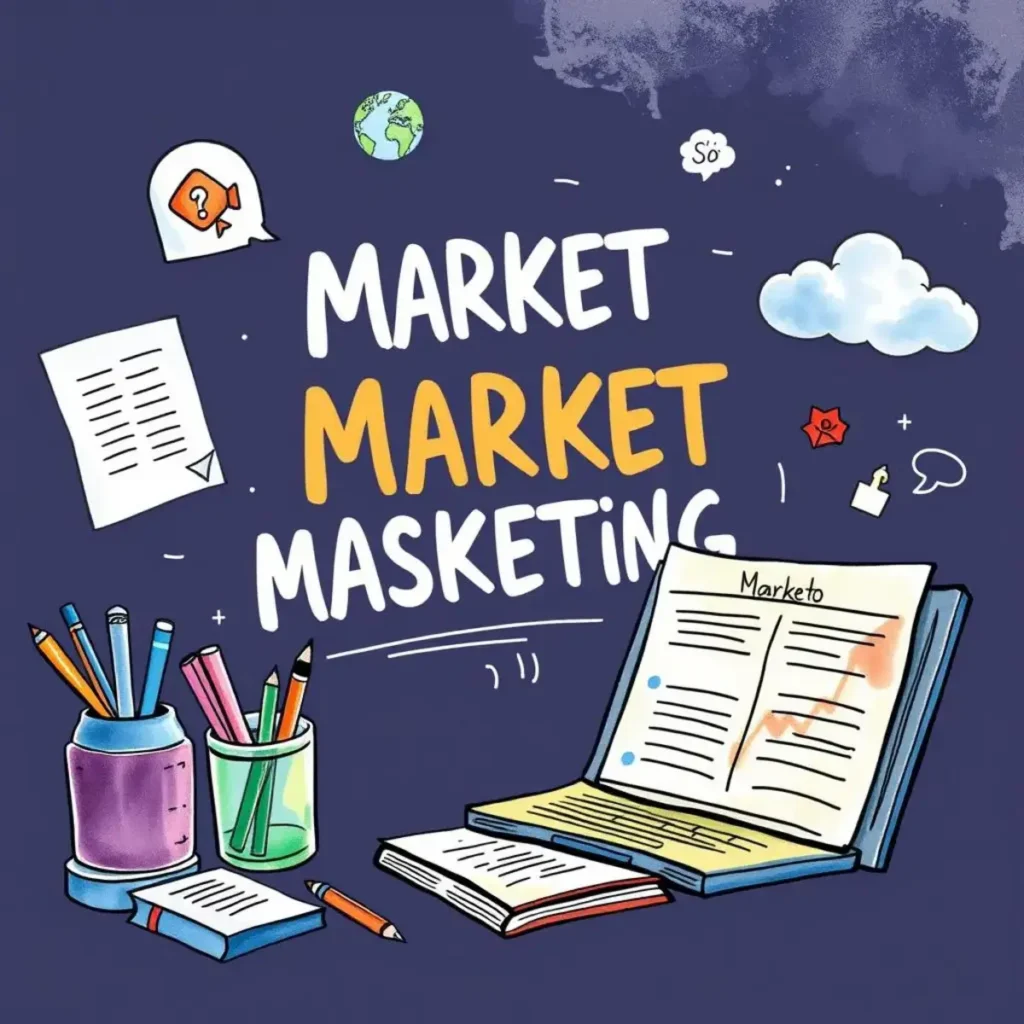 Swot text processor: Transform your SWOT text into actionable outputs 1 Colorful illustration of marketing tools and swot analysis materials.