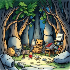 A cozy forest scene with a teddy bear and a small figure amidst books and art supplies.