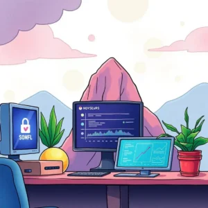 Illustration of IT workspace showcasing system health monitoring tools.