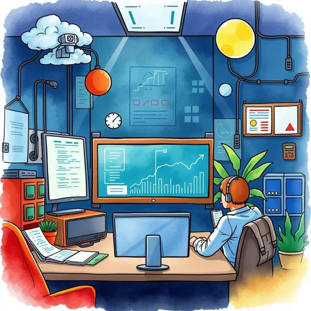 Incident report generator: Create detailed incident reports quickly 1 A detailed IT workspace illustrating a technical support analyst monitoring system performance.