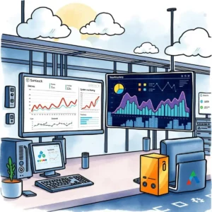 Sla dashboard assistant: Create visual SLA performance dashboards quickly 4 Colorful digital workspace with screens displaying sla performance data and analytics.