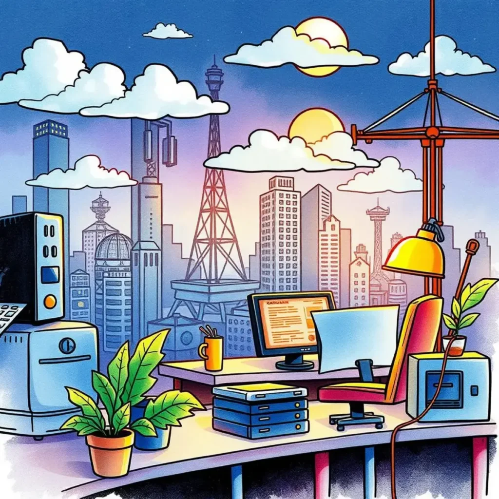 Sla documentation assistant: Assist in documenting SLA terms and conditions 1 A modern office scene with computers and city skyline backdrop.
