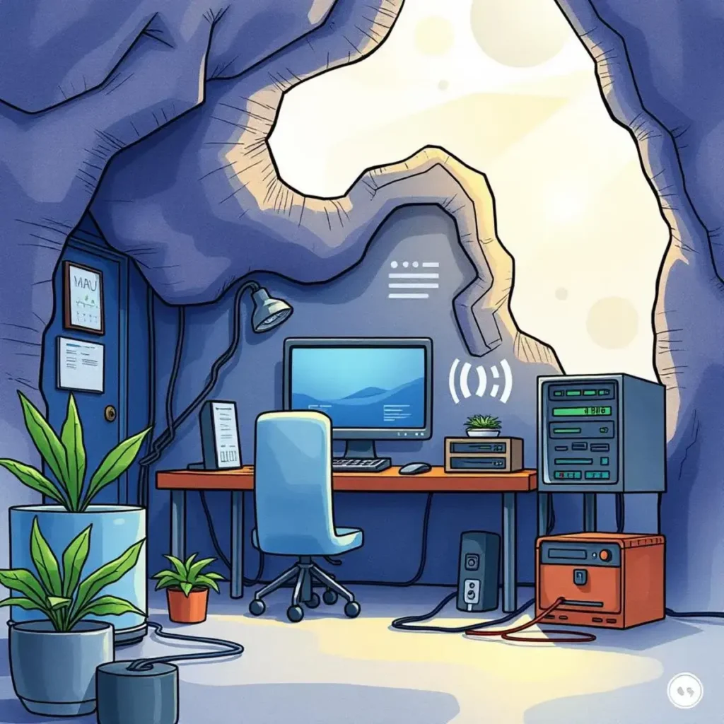 Test environment configurator: Automate testing environment setup instructions 1 A cozy workspace with computers, plants, and a warm ambiance.