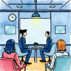 Interview feedback session featuring candidates and HR professionals discussing performance