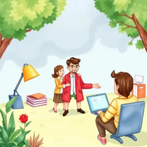 A professional in a red jacket consults with two individuals in a bright outdoor setting.