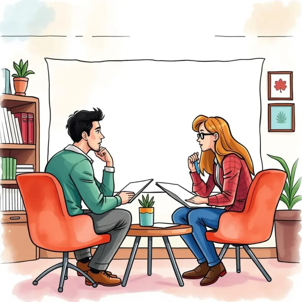 Trainer script creator: Develop scripts for trainers based on key topics 1 Two professionals discussing training scripts in a modern office setting.