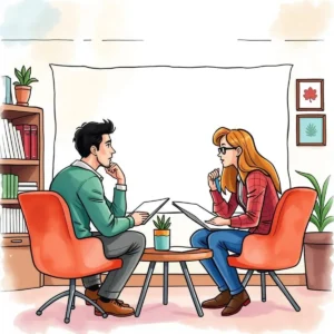 Two professionals discussing training scripts in a modern office setting.