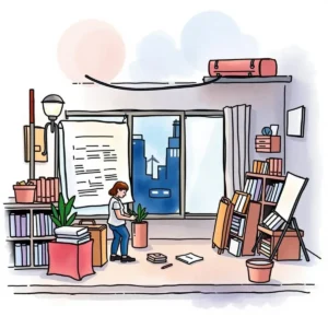 Illustration of a person analyzing sales data in an office.