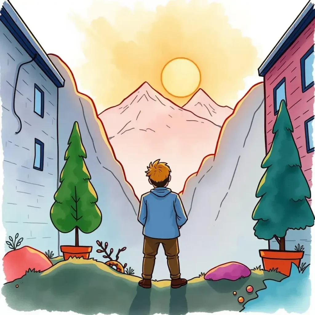Target group explorer: Identify potential target demographics for marketing 1 A person stands between tall buildings, gazing at mountains under a sunset, symbolizing exploration and insights.