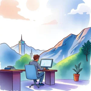 A professional sitting at a desk using a computer with a scenic mountain view in the background.