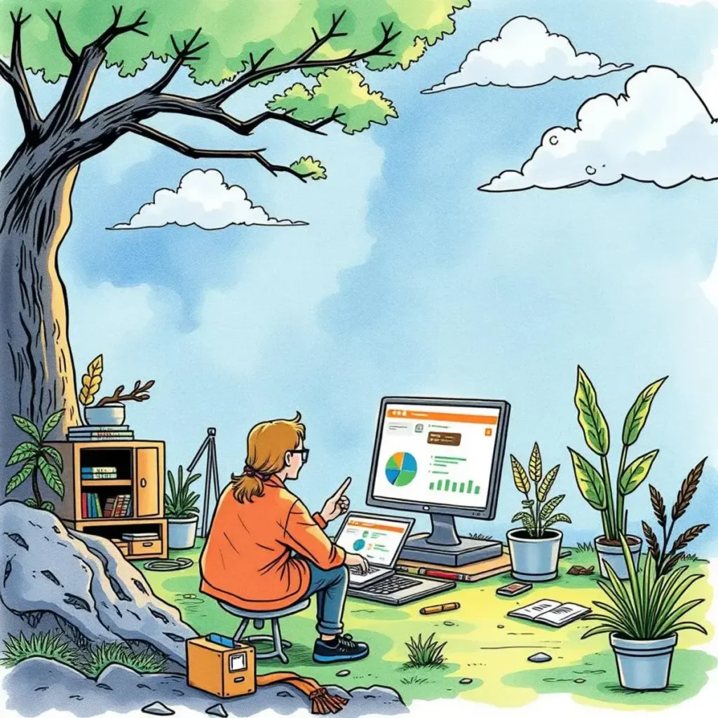 Task burn rate reporter: Generate reports on task completion speed 1 A person working outdoors on a Task Burn Rate Reporter tool, analyzing charts on a laptop and desktop computer.