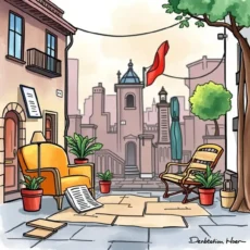 A vibrant outdoor scene featuring an inviting yellow armchair and potted plants in a sunny courtyard