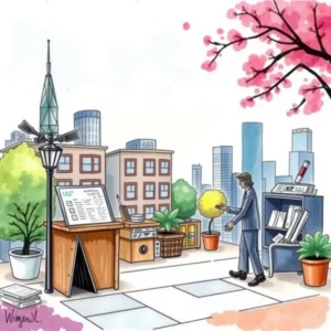 A professional walking in a city street with a focus on tax data reports and financial tools.