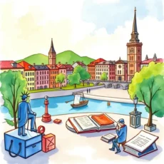 Tax Deduction Analysis Writer tool illustration featuring landmarks and people by the riverbank
