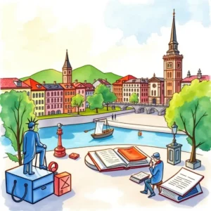 Tax Deduction Analysis Writer tool illustration featuring landmarks and people by the riverbank