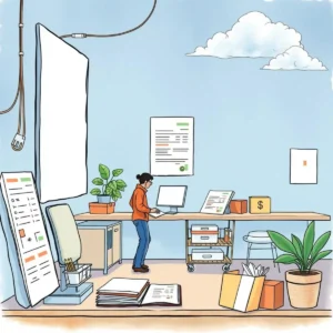 A person working at a desk, utilizing a Tax Invoice Creator tool amidst a well-organized office scene.