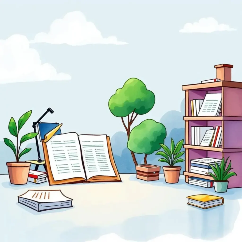 Tax report conductor: Organize tax research into comprehensive report formats 1 A workspace with books and plants, symbolizing organized tax research.