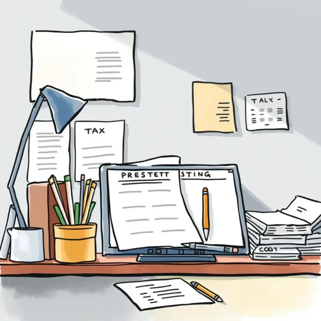 Tax filing wizard: Create needed documents for tax filing processes 1 A workspace with a computer and tax documents for filing.