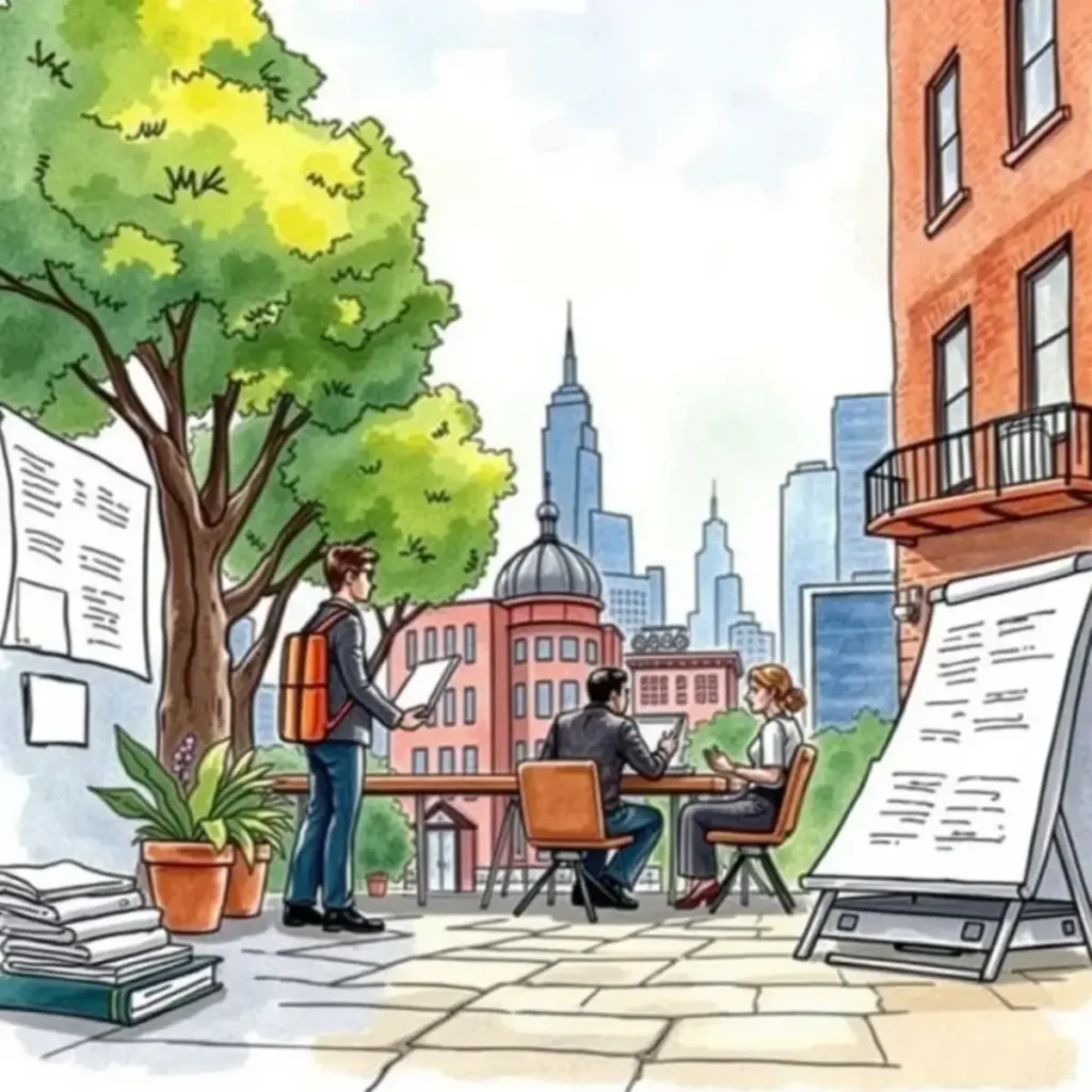 Tax research digest: Generate brief summaries of tax investigations 1 Professionals discussing tax research in an urban outdoor setting.