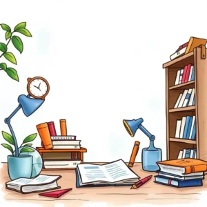 A cluttered desk scene featuring books, lamps, and stationery for tax research tasks.