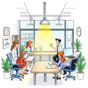 Team Activity Idea Generator meeting scene with engaged professionals collaborating in an office