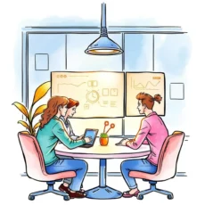 Team members collaborating around a table with digital screens and data.