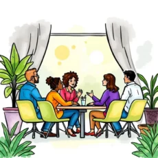 A diverse team collaboratively strategizing around a conference table.