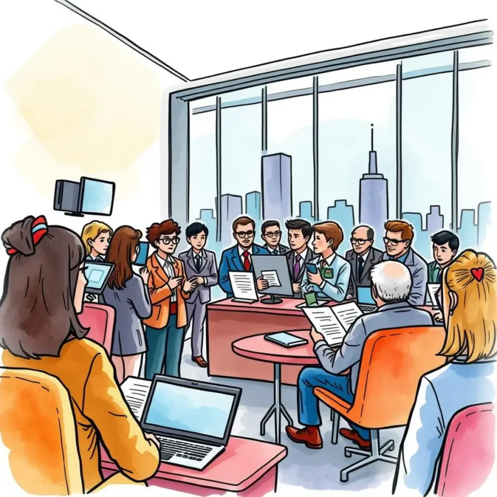 Team update synthesizer: Create concise status reports for staff 1 Team members engaged in a meeting, discussing reports for crisis management in marketing.