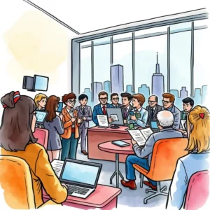 Team members engaged in a meeting, discussing reports for crisis management in marketing.