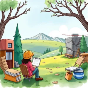 Person studying in a serene outdoor setting with documents and nature.