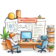 A focused individual works at a desk surrounded by charts, documents, and resources for knowledge building.