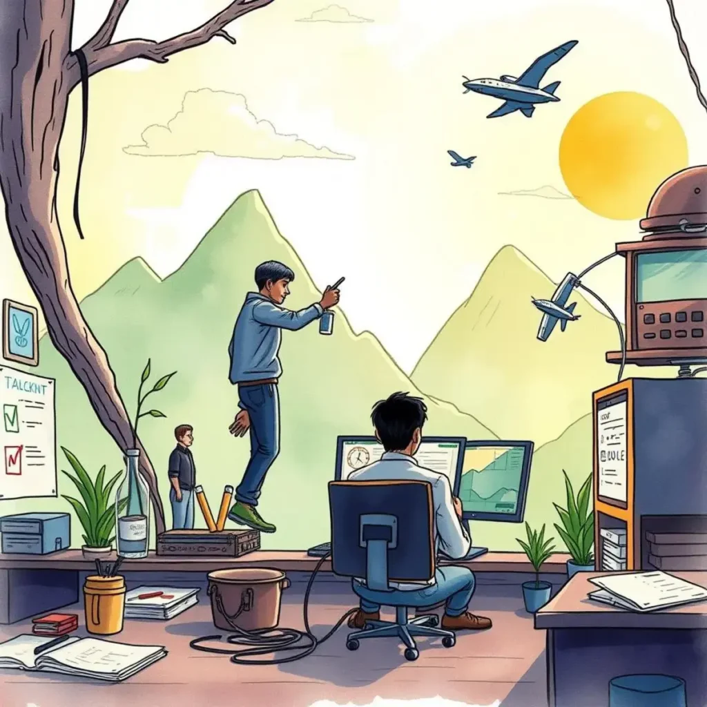 Technical terms clarifier: Simplify complex technical jargon for customers 1 An illustration depicting a person clarifying technical terms at a computer, surrounded by nature and technology.