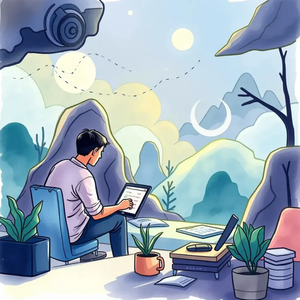 Technical viability checker: Determine technical feasibility effortlessly 1 Person using a laptop in a serene, nature-inspired workspace setting.