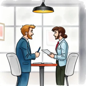 Two professionals engage in a contract negotiation discussion at a table in a modern office setting.