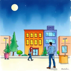 A woman walks towards a building labeled "Lease" while a man observes her in a city setting under moonlight.