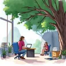 A tranquil workspace featuring a QA engineer designing test cases in a nature-inspired setting.