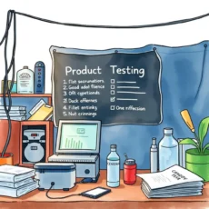 Illustration of a workspace for product testing with checklists and tools.