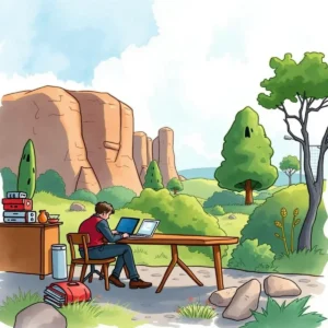 A person working on a laptop at an outdoor table in a scenic natural landscape.