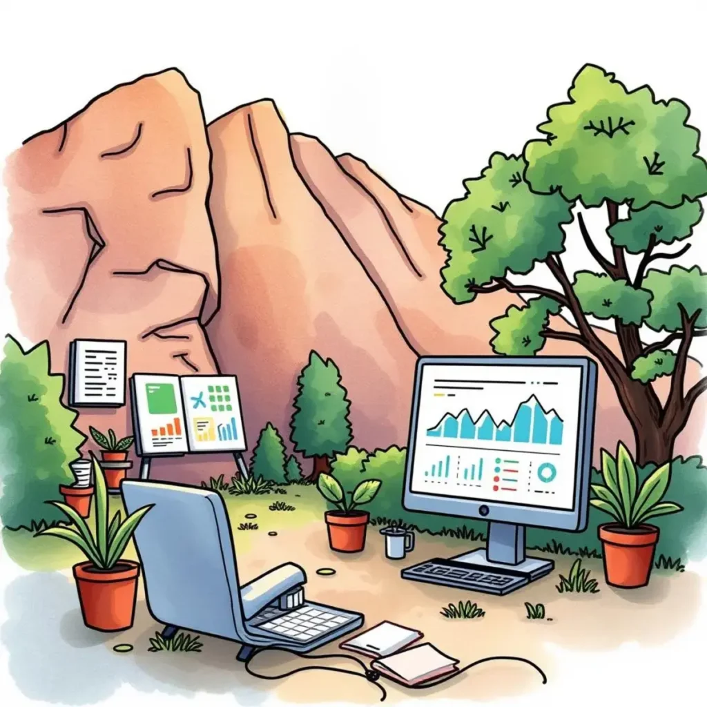 Test results reporter: Generate reports from testing data and insights 1 A serene outdoor workspace with computer displays showing data insights.