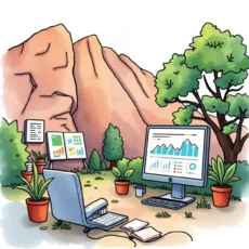A serene outdoor workspace with computer displays showing data insights.