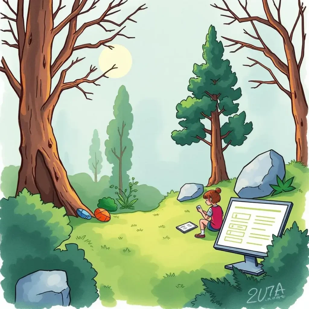 Test scenario builder: Generate detailed usability test scripts 1 A young girl creating test scenarios in a serene forest setting with usability testing tools nearby.