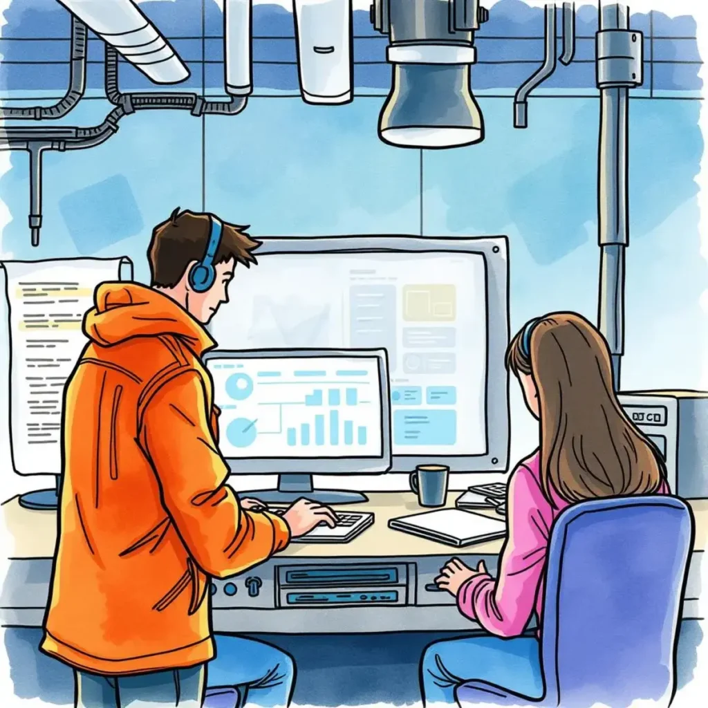 Test status summary generator: Produce brief summaries of test status updates 1 Engineers collaborating in an office, analyzing test status summaries on screens.