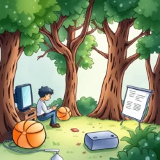 Child analyzing data in a serene forest setting, surrounded by sports equipment.