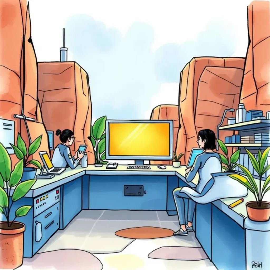 Text-based prototype creator: Develop initial prototype drafts through text inputs 1 Two engineers collaborate in a modern r&d lab surrounded by plants.