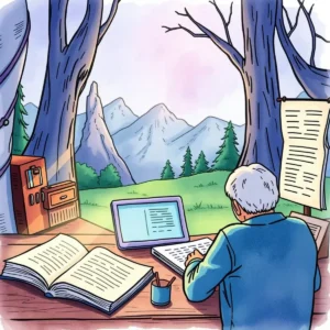 A person analyzing documentation with a laptop in a serene outdoor setting.