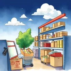 Illustration of organized warehouse shelves with inventory for demand forecasting.