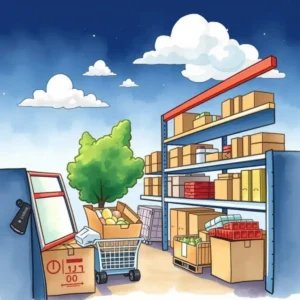 Text demand compiler: Aggregate and process demand information efficiently 8 Illustration of organized warehouse shelves with inventory for demand forecasting.