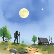 A person hiking under a full moon near a shelter.