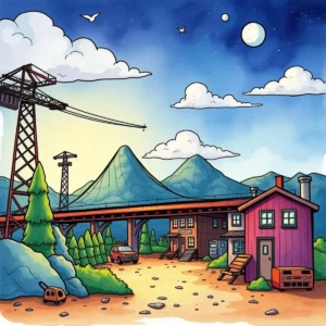 Illustration of a data integration hub amidst mountains and infrastructure.